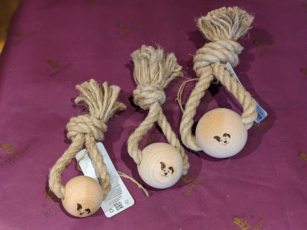 hemp rope and beech wood used to create a natural dog toy