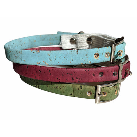 cork cat collars UK, blue, red and green