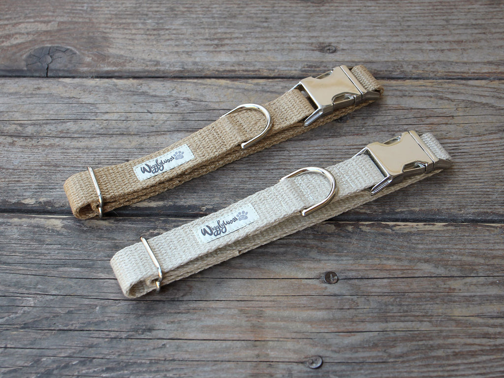 Just Hemp Dog Collar, natural and tea-stained.